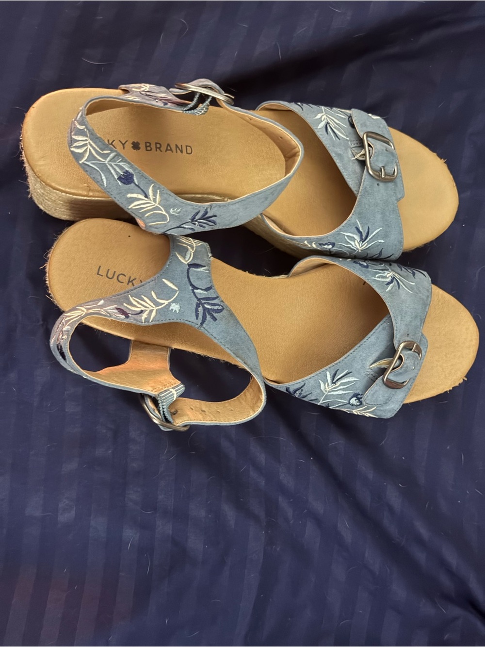 Lucky Brand Navesh2Light Blue Embroidered Wedge Sandals